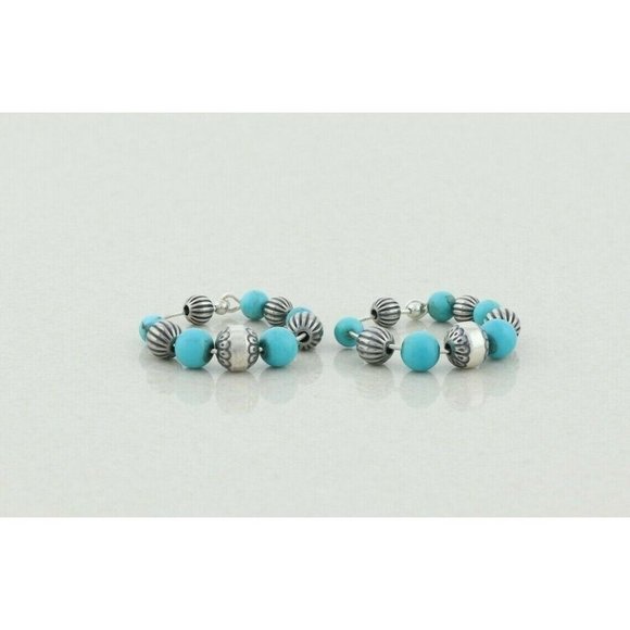 Sterling Silver Created Turquoise Bead Hoop Earrings - Picture 1 of 7